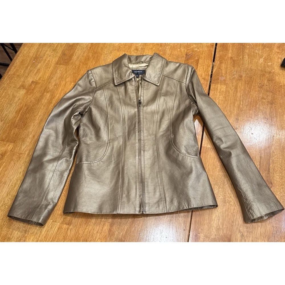 Cole Brook Genuine Leather Jacket Gold Metallic Zipper Woman's Zipper Size Small